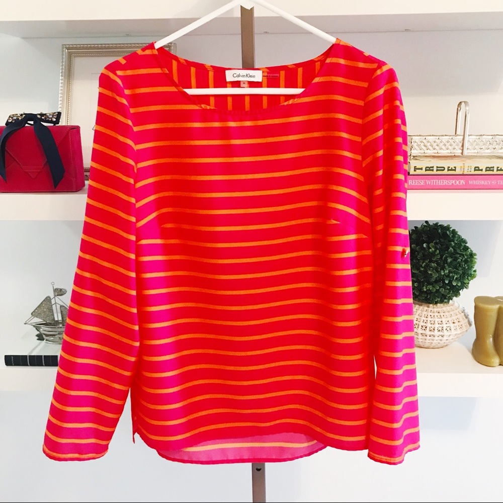 NWOT Calvin Klein Pink and Orange Striped Blouse